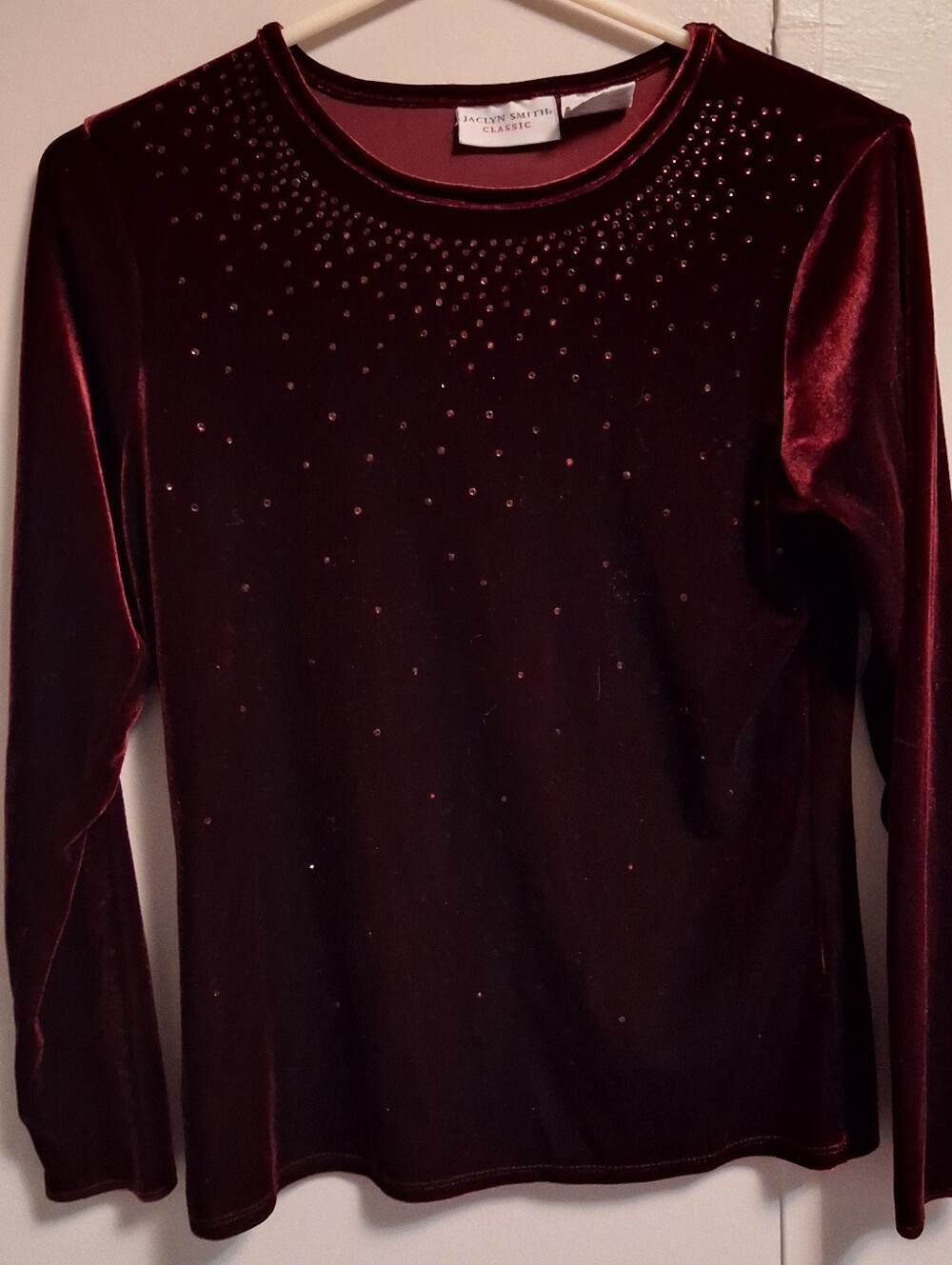 Jaclyn Smith Velvet Long Sleeve Top in Deep Burgundy with Rhinestones
